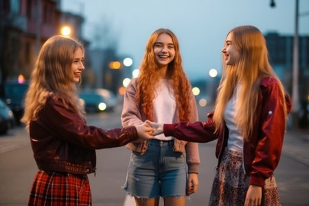 Easy going girls dancing outdoor Cheerful friends having fun after shopping : Generative AIの素材