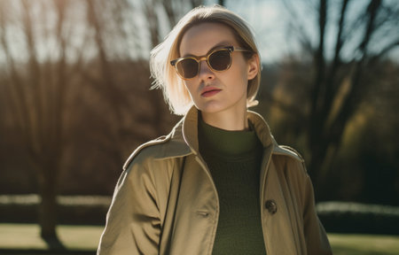 Beautiful blonde woman in red sunglasses touches hair Elegant lady in beige trendy trench coat poses outside : Generative AIの素材