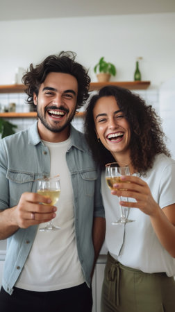 Funny blackhaired lady In stylish male shirt making selfie and kissing boyfriend Confident caucasian guy huggs with elegant girl which taking picture of herself in cozy k : Generative AIの素材