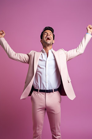 Joyful young man in trendy striped suit and black shoes standing full of positive emotions against violet background Concept of success and confidence : Generative AIの素材