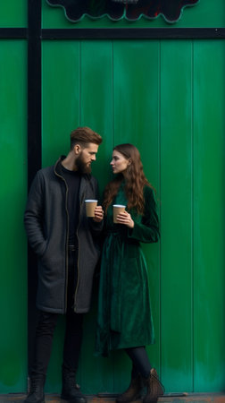 Couple of pretty people in green dress and black suit enjoying celebrating with champagne isolated on red background : Generative AIの素材