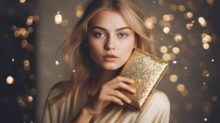 Photo of half body of woman in festive silk and shiny dress Lady holds clutch bag and cocktail glass near wall with confetti : Generative AIの素材