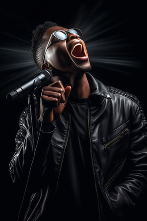 Leisure happy weekends of excited handsome guy in black sunglasses having fun on white background Fashionable look singing music enjoying celebrating party expressing pos : Generative AIの素材