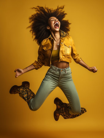 Fulllength portrait of laughing glad woman in denim attire Shorthaired girl dancing beside bicycle : Generative AIの素材