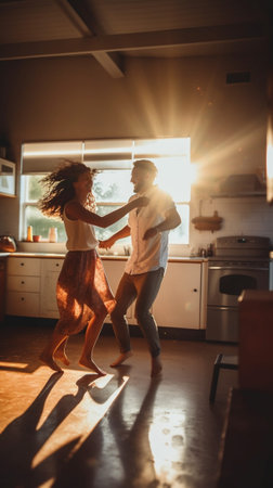 Stylish girl in jeans dancing with husband in morning Indoor photo of relaxed young people having fun in kitchen : Generative AIの素材