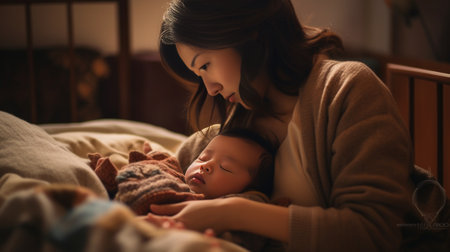 Child in crown and warm jacket sits on bed while mother shows her that it is time to sleep : Generative AIの素材