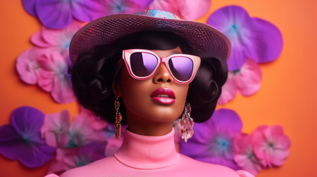 Closeup shot of wonderful female model in stylish sunglasses fooling around in studio Indoor portrait of winsome african girl with purple flowers in black hair : Generative AIの素材