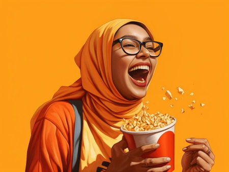 Young attractive girl in headscarf with ornament laughs joyfully on orange background with white confetti : Generative AIの素材