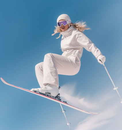 Ecstatic young woman holding ski poles Front view of joyful tanned girl in sport outfit : Generative AIの素材