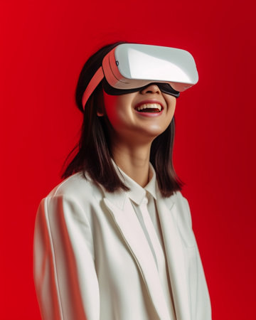 Laughing positive african woman in sunglasses posing on red background Indoor photo of cheerful curly lady in white coat : Generative AIの素材