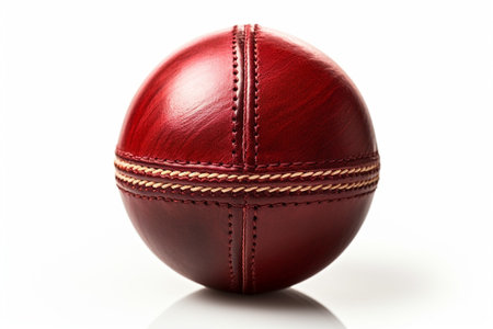A Shiny New Test Match Cricket Ball Leather Hard Circle Stitch Closeup Picture On White Background : Generative AIの素材
