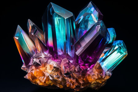 Amazing colorful Quartz Rainbow Flame Blue Aqua Aura crystal cluster closeup macro isolated on black background : Generative AIの素材