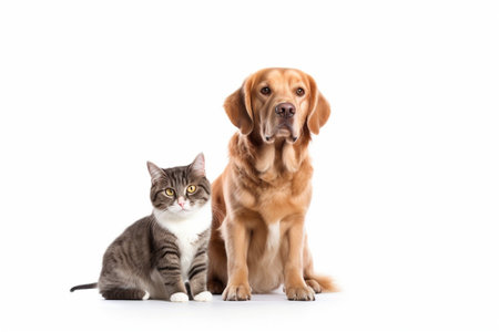 Cat and dog sitting together isolated on white background - Pet concept : Generative AIの素材