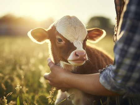 Authentic close up shot of young woman farmer hand is caressing an ecologically grown newborn calf used for biological milk products industry on a green lawn of a country : Generative AIの素材