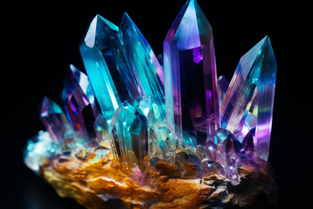 Amazing colorful Quartz Rainbow Flame Blue Aqua Aura crystal cluster closeup macro isolated on black background : Generative AIの素材