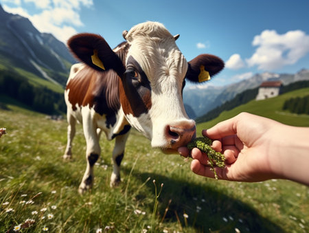 Cow calf eating from man hand funny Farm Animal at alpine green valley summer pasture : Generative AIの素材