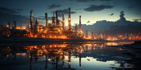 Close up Industrial view at oil refinery plant form industry zone with sunrise and cloudy sky : Generative AIの素材
