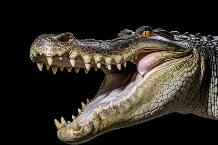 Close up crocodile is action show mouth on white background : Generative AIの素材