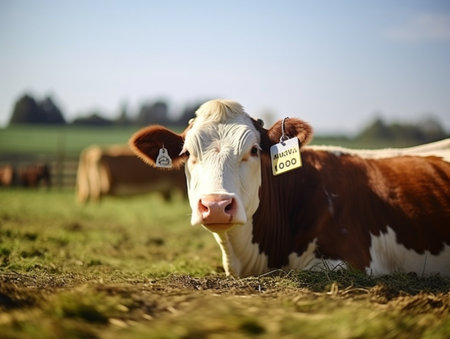 Cow with livestock tag at cattle farm : Generative AIの素材