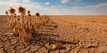 Field of cultivation of dry sunflowers due to drought. : Generative AIの素材