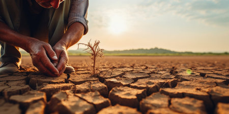 Drought in agricultural field. Farmer holding dry soil in hand and control quality of fertility at arid climate. Impact of climate change on agriculture : Generative AIの素材