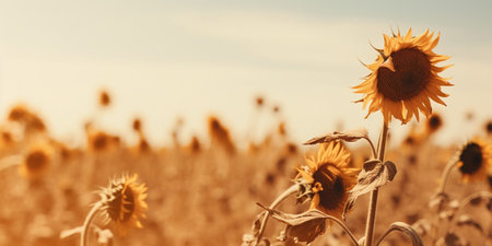 Field of cultivation of dry sunflowers due to drought. : Generative AIの素材