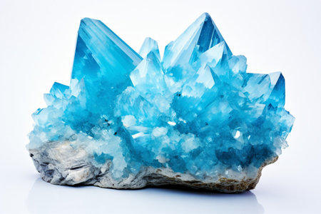 Sky Blue Celestine Crystal Stone macro mineral gemstone. Natural Azure rough Celestite crystals cluster isolated on white background : Generative AIの素材