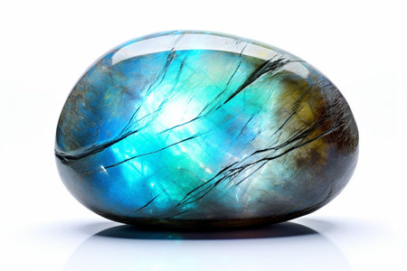 Labradorite crystal gemstone turquoise blue shine polished and isolated on white background : Generative AIの素材
