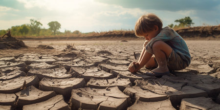 Water crisis, Child sit on cracked earth near drying water. : Generative AIの素材