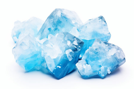 Sky Blue Celestine Crystal Stone macro mineral gemstone. Natural Azure rough Celestite crystals cluster isolated on white background : Generative AIの素材