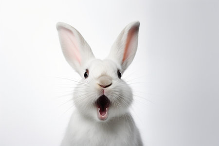 Studio portrait of white rabbit with mouth open against a white backdrop : Generative AIの素材