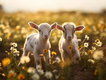 Two little funny baby goats playing in the field with flowers. Farm animals. : Generative AIの素材