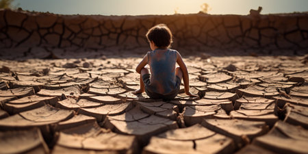 Water crisis, Child sit on cracked earth near drying water. : Generative AIの素材