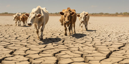 Livestock and Climate change, Thin cows walking on dry cracked earth looking for fresh water due lack of rain, an impact of drought and World Climate change. : Generative AIの素材
