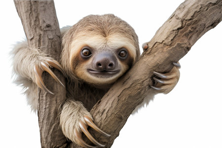 Cute two-toed sloth hanging on tree branch isolated on white background. : Generative AIの素材