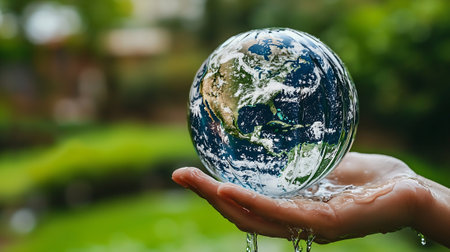 Human hands holding a glass globe with world map on nature background.の素材