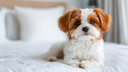 Papillon dog lying on bed at home, pet concept.の素材