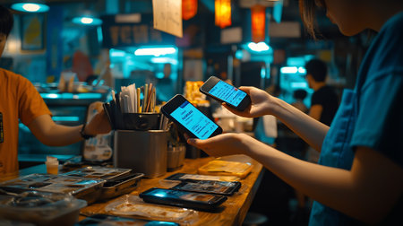 Young asian woman using mobile smart phone for order food in cafe.の素材