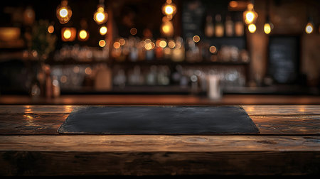 Empty wooden table in front of blurred background of bar or pub.の素材