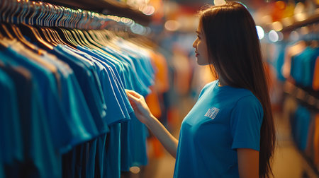 Portrait of a beautiful young woman in a blue T-shirt standing in a clothing store.の素材