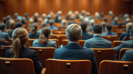 Business and entrepreneurship symposium. Speaker giving a talk at business meeting. Audience in conference hall. Rear view of unrecognized participant in audience.の素材
