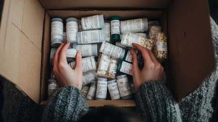Woman in a gray sweater unpacking a box with medical pills.の素材