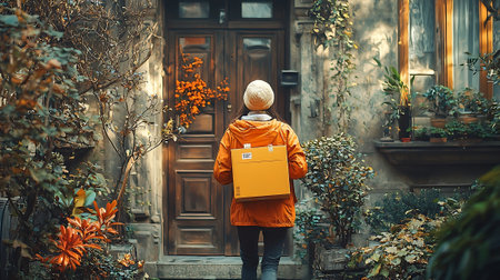 Woman in a yellow raincoat with a parcel in her hands.の素材