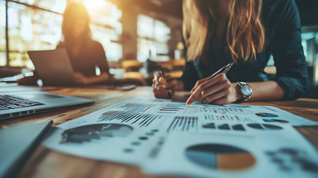 Close-up of businesswoman working with charts and graphs in officeの素材