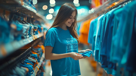 Beautiful young woman in blue T-shirt choosing clothes in supermarketの素材