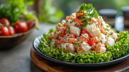 Traditional Russian salad Olivier with shrimps, vegetables and mayonnaiseの素材