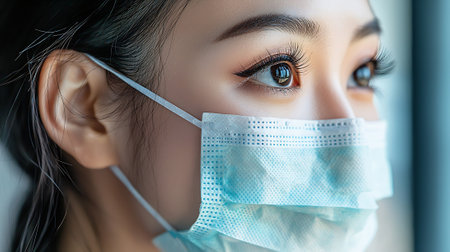 Close up of asian woman wearing surgical mask and looking through the windowの素材