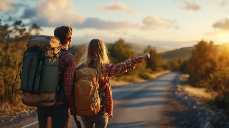Back view of young couple with backpacks standing on road and looking at sunsetの素材
