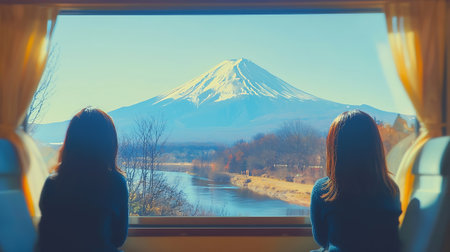 Beautiful view of Mount Fuji from the window of the train, Japanの素材