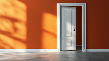 3d rendering of a white door in a room with orange wallの素材